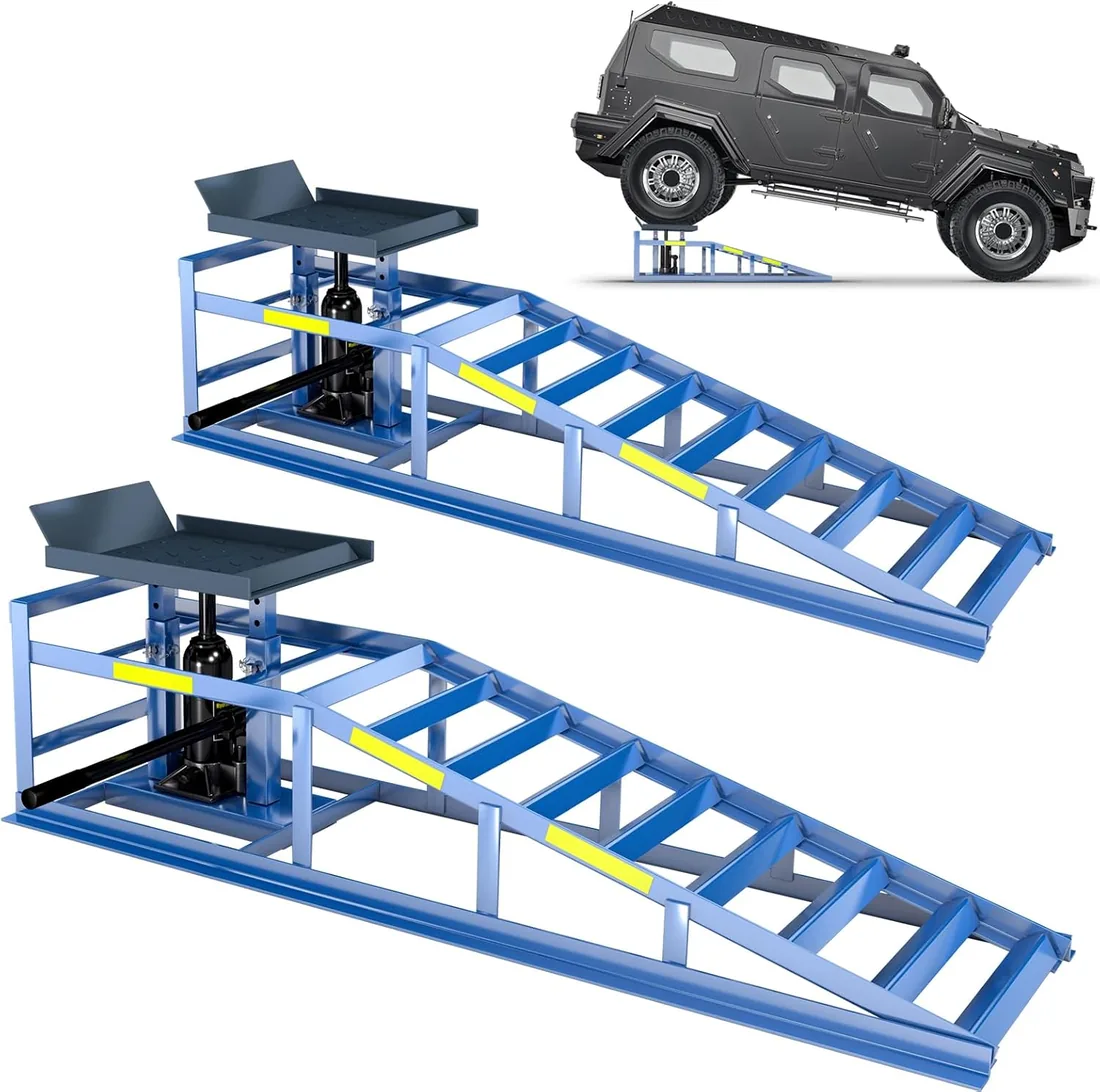 2 rampas de coche resistentes, capacidad de 5 toneladas (5000 kg), rampas hidráulicas de alta carga con tiras reflectantes para un uso nocturno seguro, altura ajustable de 24,9 a 38,1 cm, se puede