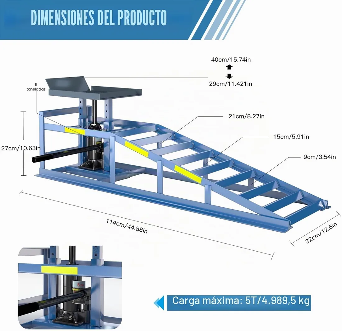 2 rampas de coche resistentes, capacidad de 5 toneladas (5000 kg), rampas hidráulicas de alta carga con tiras reflectantes para un uso nocturno seguro, altura ajustable de 24,9 a 38,1 cm, se puede foto 2