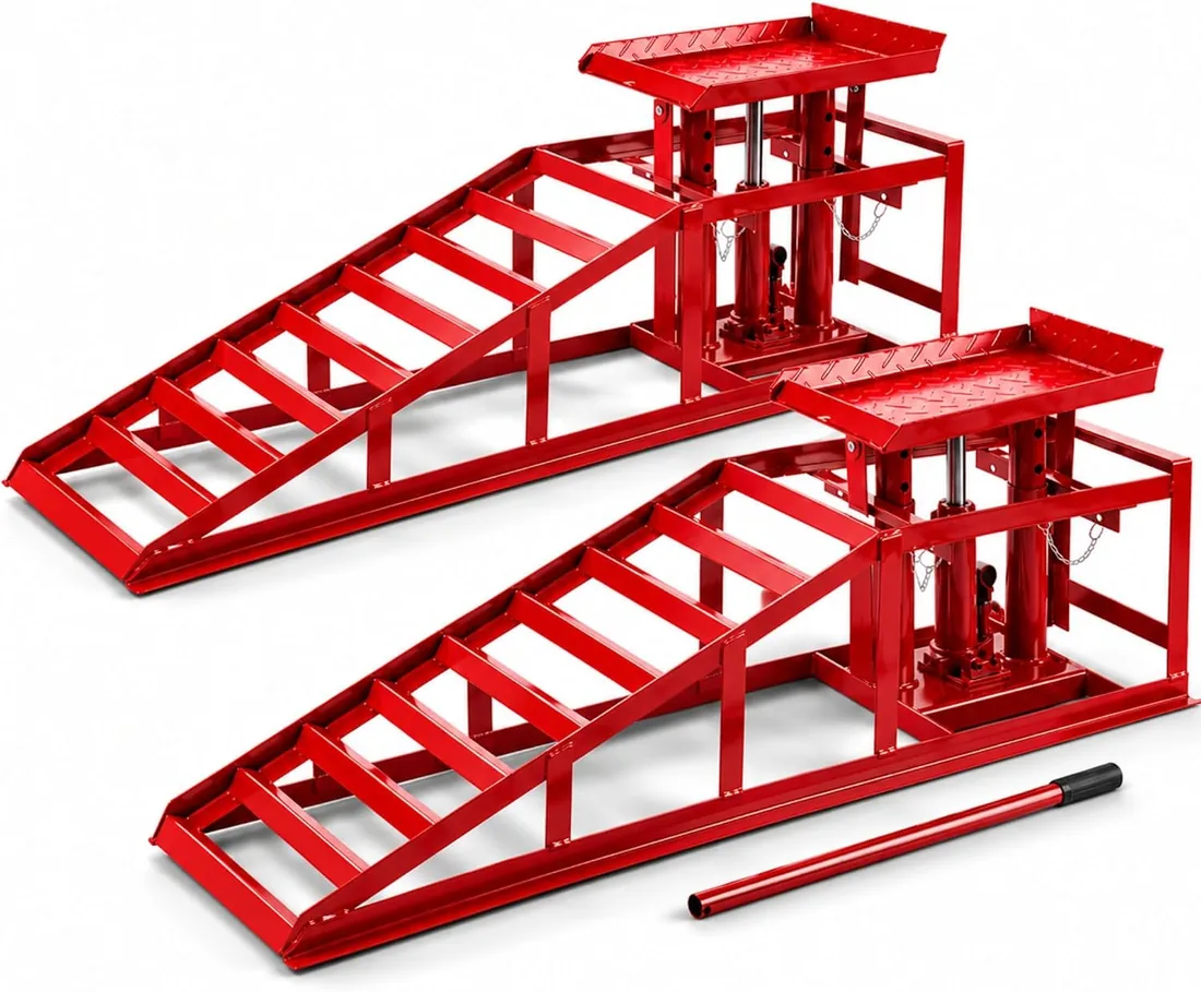 Arebos Rampa de Acceso para Vehículos | Plataforma de elevación | Jack de Carga | Rampa de Taller | Elevador Gato hidráulico | Set de 2 | Altura Ajustable | Rojo