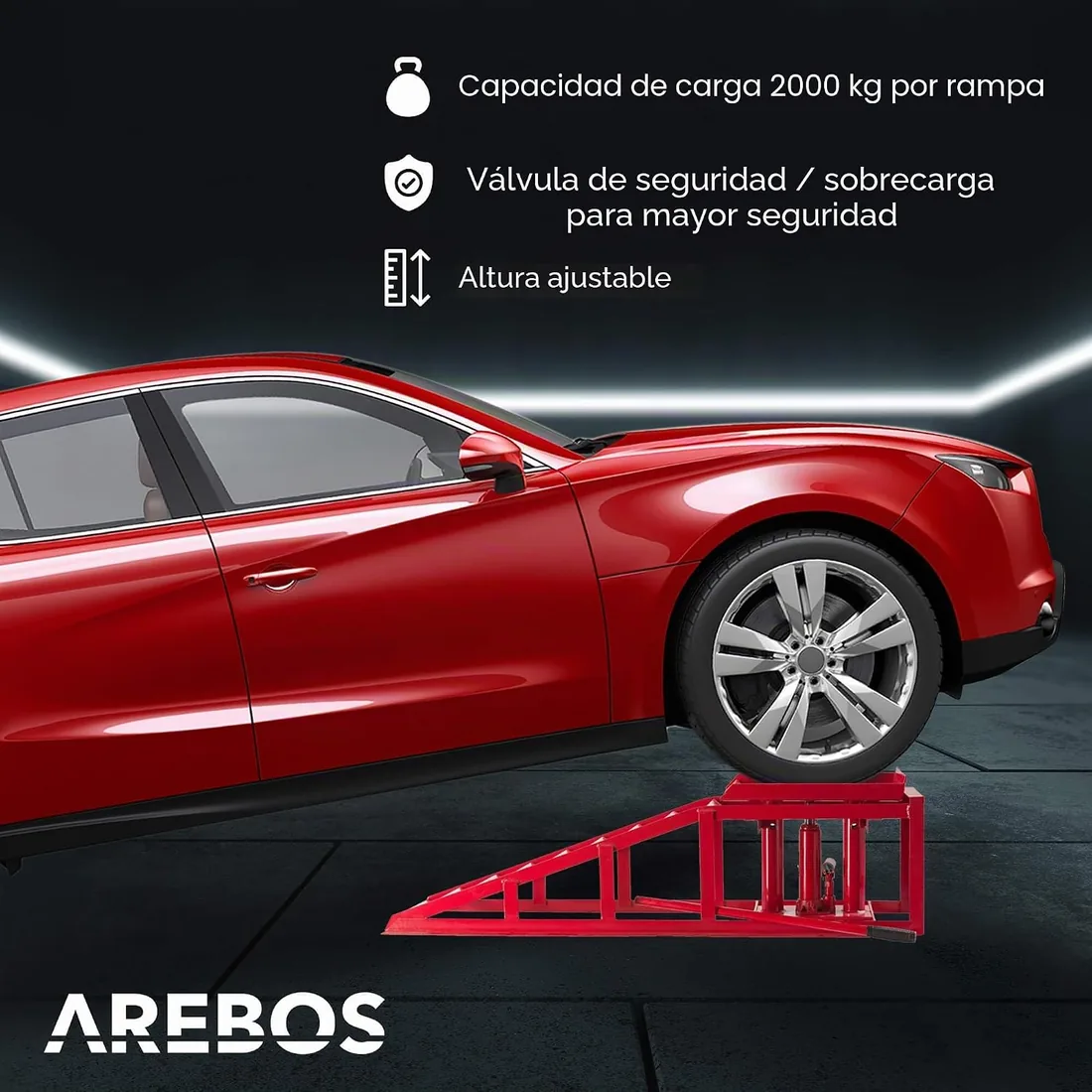 Arebos Rampa de Acceso para Vehículos | Plataforma de elevación | Jack de Carga | Rampa de Taller | Elevador Gato hidráulico | Set de 2 | Altura Ajustable | Rojo foto 2