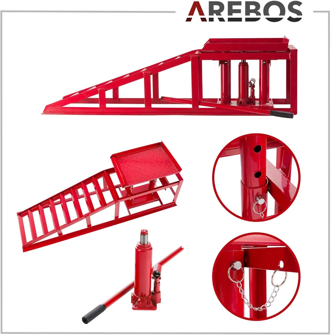 Arebos Rampa de Acceso para Vehículos | Plataforma de elevación | Jack de Carga | Rampa de Taller | Elevador Gato hidráulico | Set de 2 | Altura Ajustable | Rojo foto 3