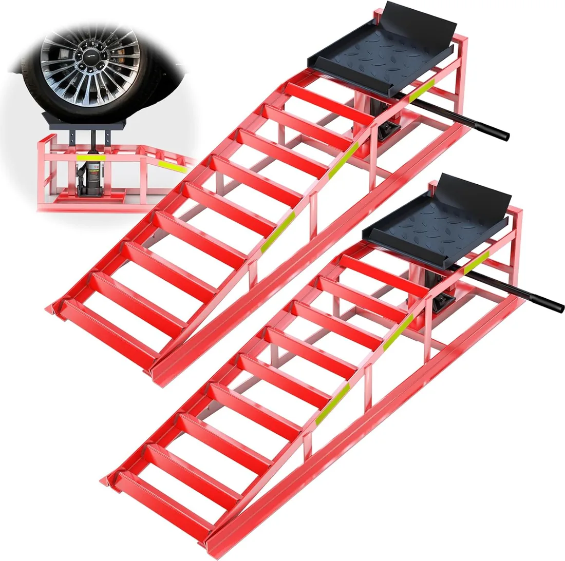 LARBANKE 2 Piezas Rampas de Carga Hidráulicas 5 Ton, Rampas para Coche con Tiras Reflectantes, Altura Ajustable de 24,9 a 38,1 cm, Elevador para Cambio de Aceite, Acero Reforzado - Rojo