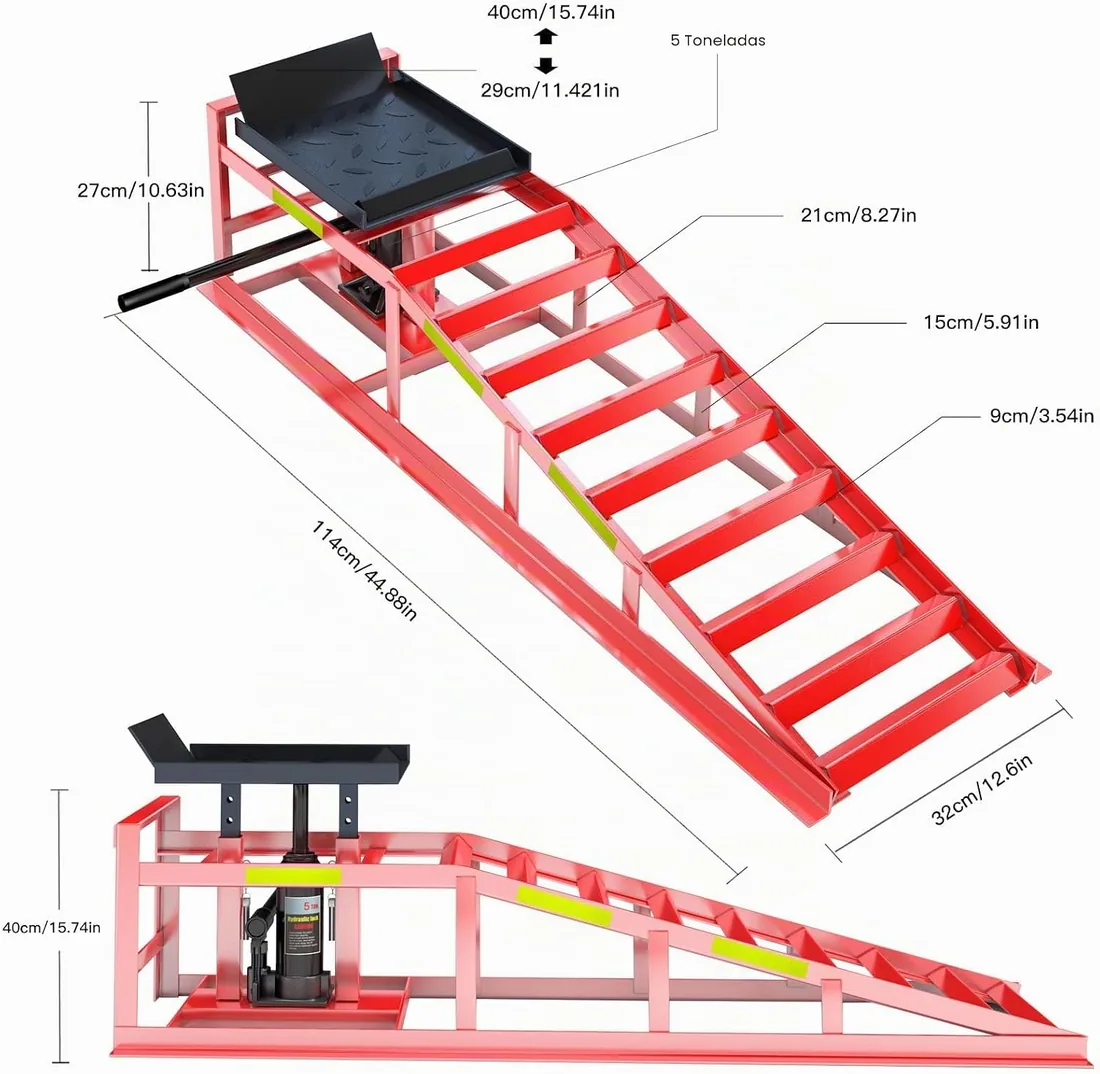 LARBANKE 2 Piezas Rampas de Carga Hidráulicas 5 Ton, Rampas para Coche con Tiras Reflectantes, Altura Ajustable de 24,9 a 38,1 cm, Elevador para Cambio de Aceite, Acero Reforzado - Rojo foto 2