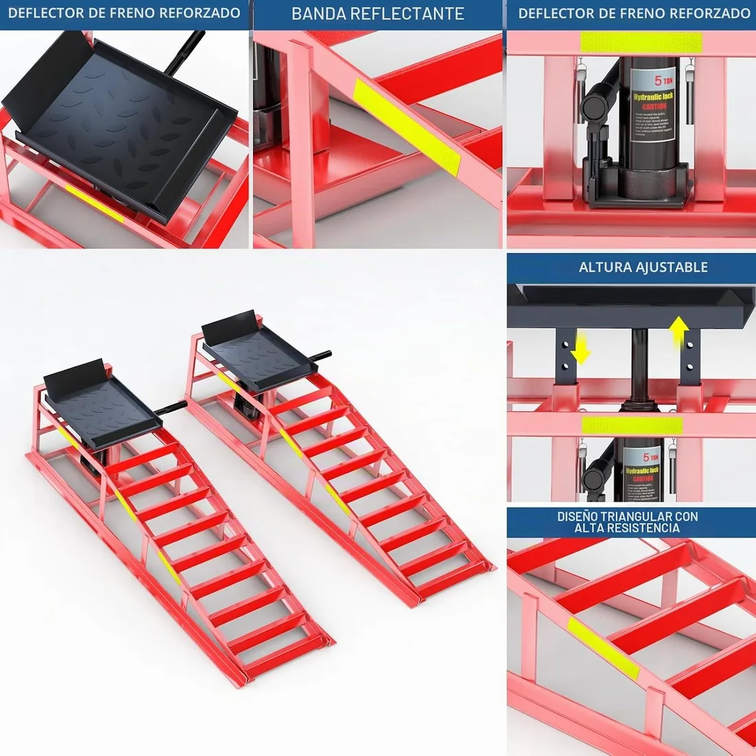 LARBANKE 2 Piezas Rampas de Carga Hidráulicas 5 Ton, Rampas para Coche con Tiras Reflectantes, Altura Ajustable de 24,9 a 38,1 cm, Elevador para Cambio de Aceite, Acero Reforzado - Rojo foto 3