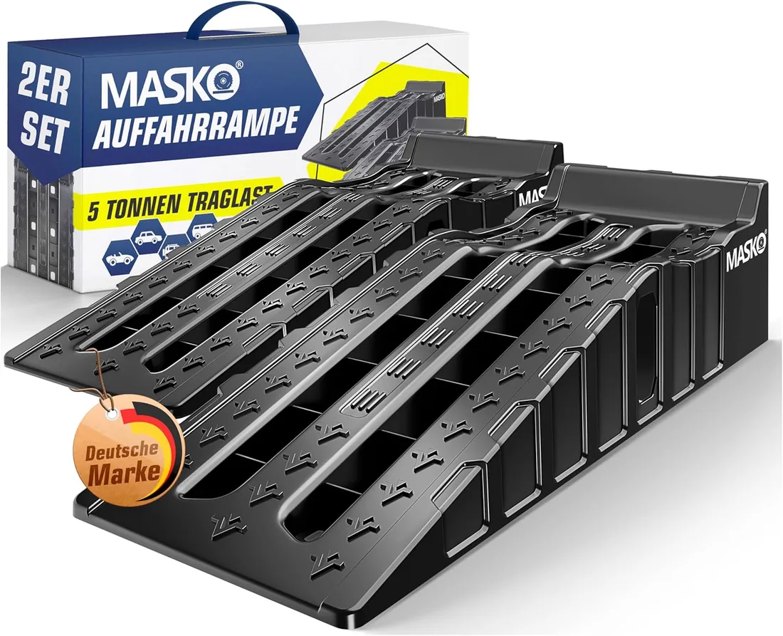 MASKO® Juego de 2 Rampas de Carga de hasta 5 Toneladas de Capacidad de Carga, Rampa de Coche con Protección Antivuelco, Antideslizante, Estable, Rampa de Carga Extra Ancha, Rampa de Garaje