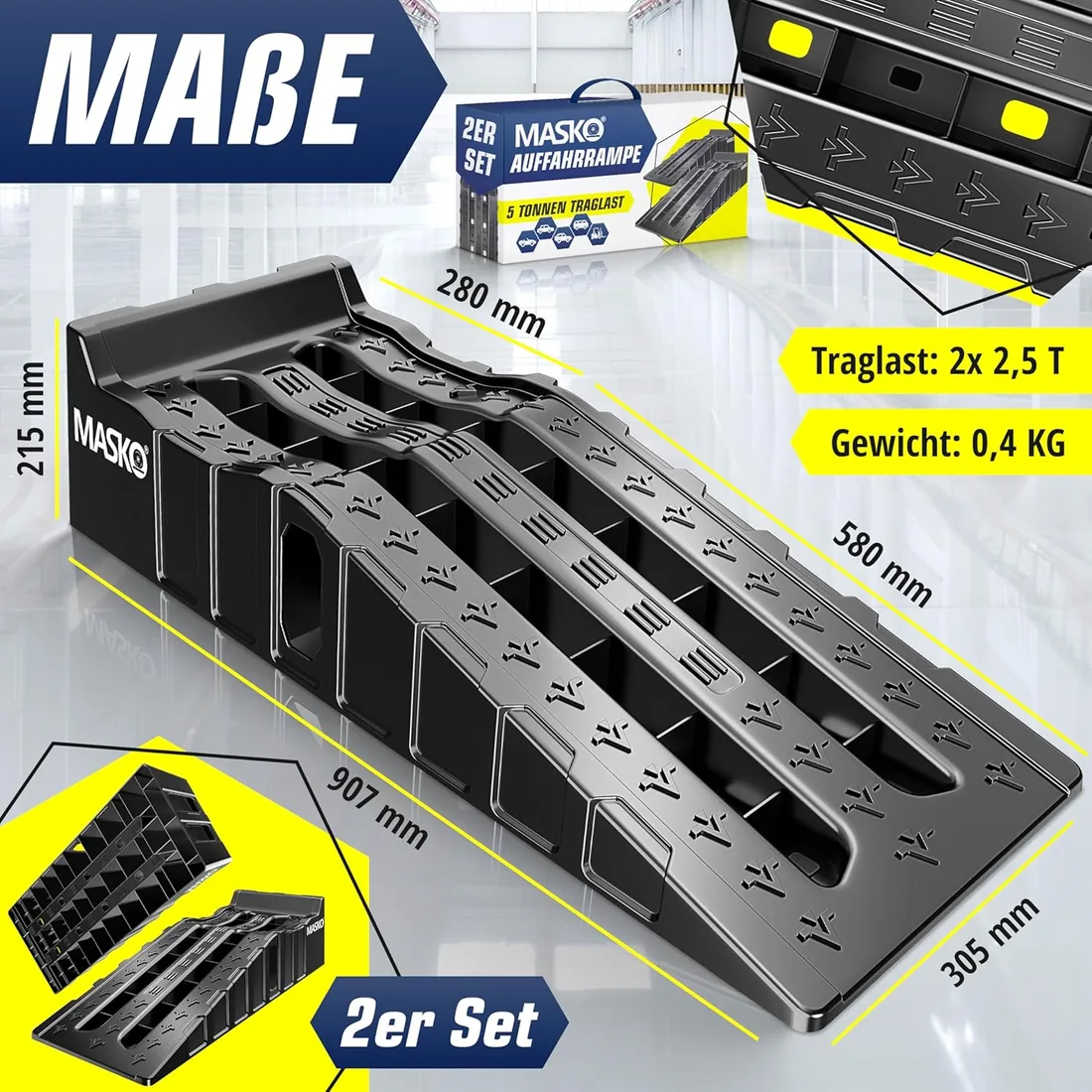 MASKO® Juego de 2 Rampas de Carga de hasta 5 Toneladas de Capacidad de Carga, Rampa de Coche con Protección Antivuelco, Antideslizante, Estable, Rampa de Carga Extra Ancha, Rampa de Garaje foto 2
