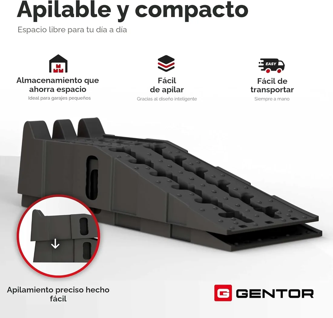 Rampas Coche 2X 5T PP Antideslizante Remolque Caravana camión Pickup SUV | Polipropileno apilables, cambio neumático aceite frenos ITV, asas ergonómicas, garaje taller, GENTOR garantía 2 años foto 3