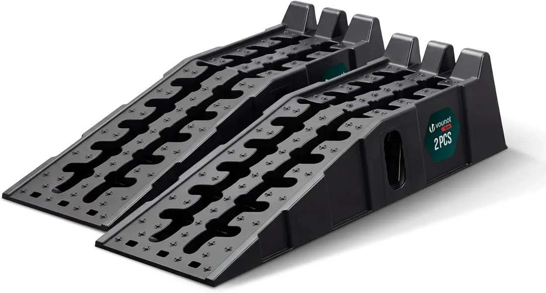 VOUNOT® Juego de 2 Rampas de Acceso para Coches Carga de hasta 5 Toneladas Rampa de Carga Extra Ancha Cuñas de Acceso Antideslizante Resistente para Vehículos Autocaravana Garaje Taller Remolque Negro