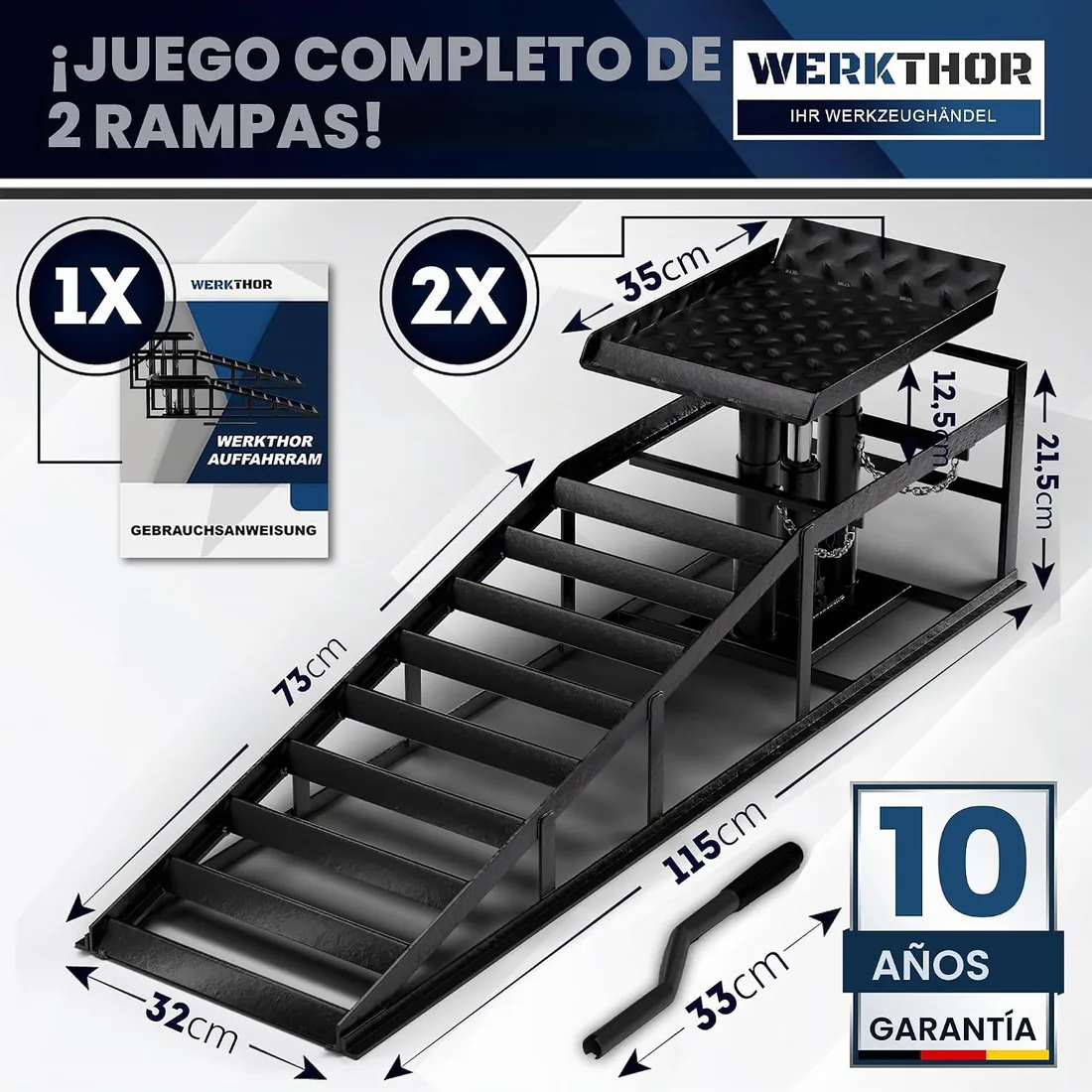 WERKTHOR Rampa hidráulica para Coche – [Negro Juego de 2] rampas con válvula de Seguridad/sobrepresión hasta 3T – Rampa de Altura Ajustable para Coche – Plataforma elevadora Coche foto 2
