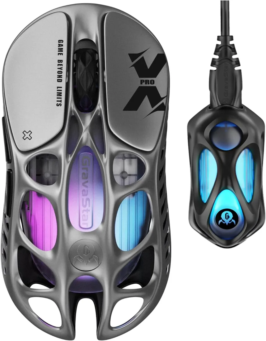 GravaStar Mercury X Pro Ratón Gaming Inalámbrico 8K Ultraligero 49g | Ratón Gaming con sensor PAW3950, Bluetooth, 2,4 GHz y USB para un control preciso en juegos competitivos.