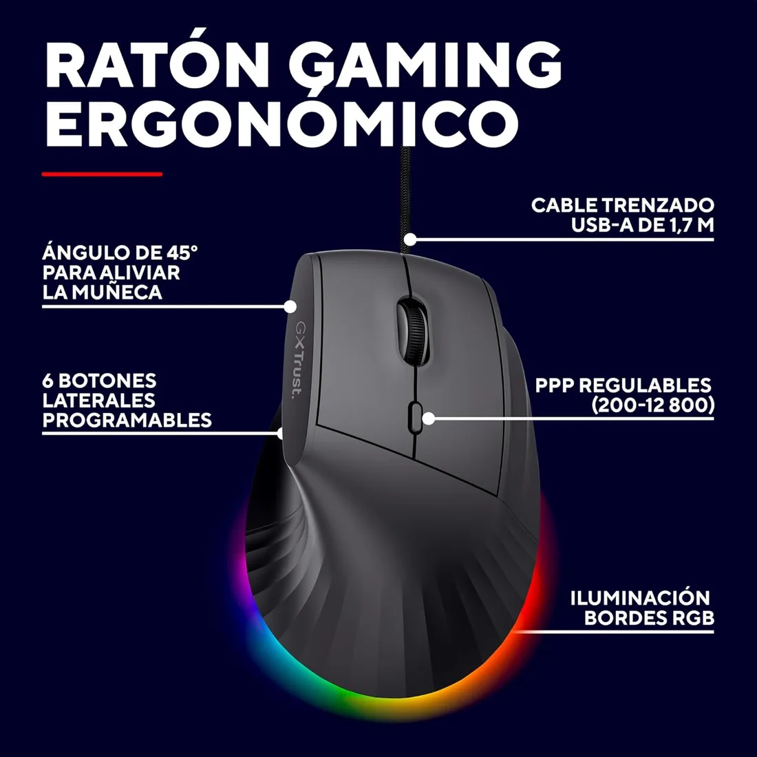 GXTrust Rexxa Ratón Ergonómico Gaming con Iluminación RGB, Negro | 10 Botones Programables, 12800 dpi, Mouse Vertical con Cable USB para PC, Mac, Ordenador, Laptop, Desktop foto 2