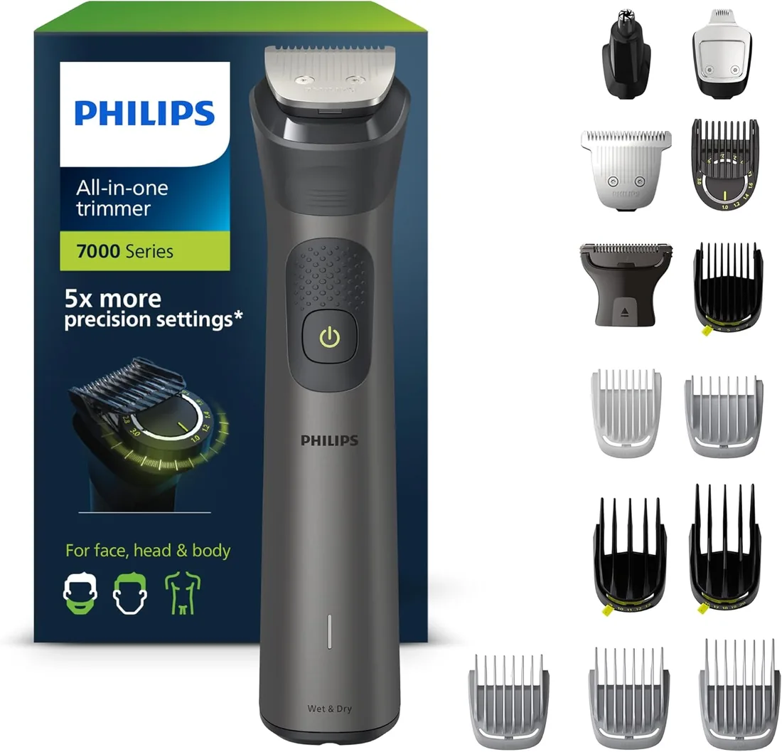 Philips Recortadora de Barba Serie 7000, Máquina Cortar Pelo, Cortapelos Hombre, Kit 15 en 1 Para Cara, Pelo, Orejas, Nariz y Cuerpo,120min de uso, En Seco y Húmedo, Recargable, Funda, MG7950/15