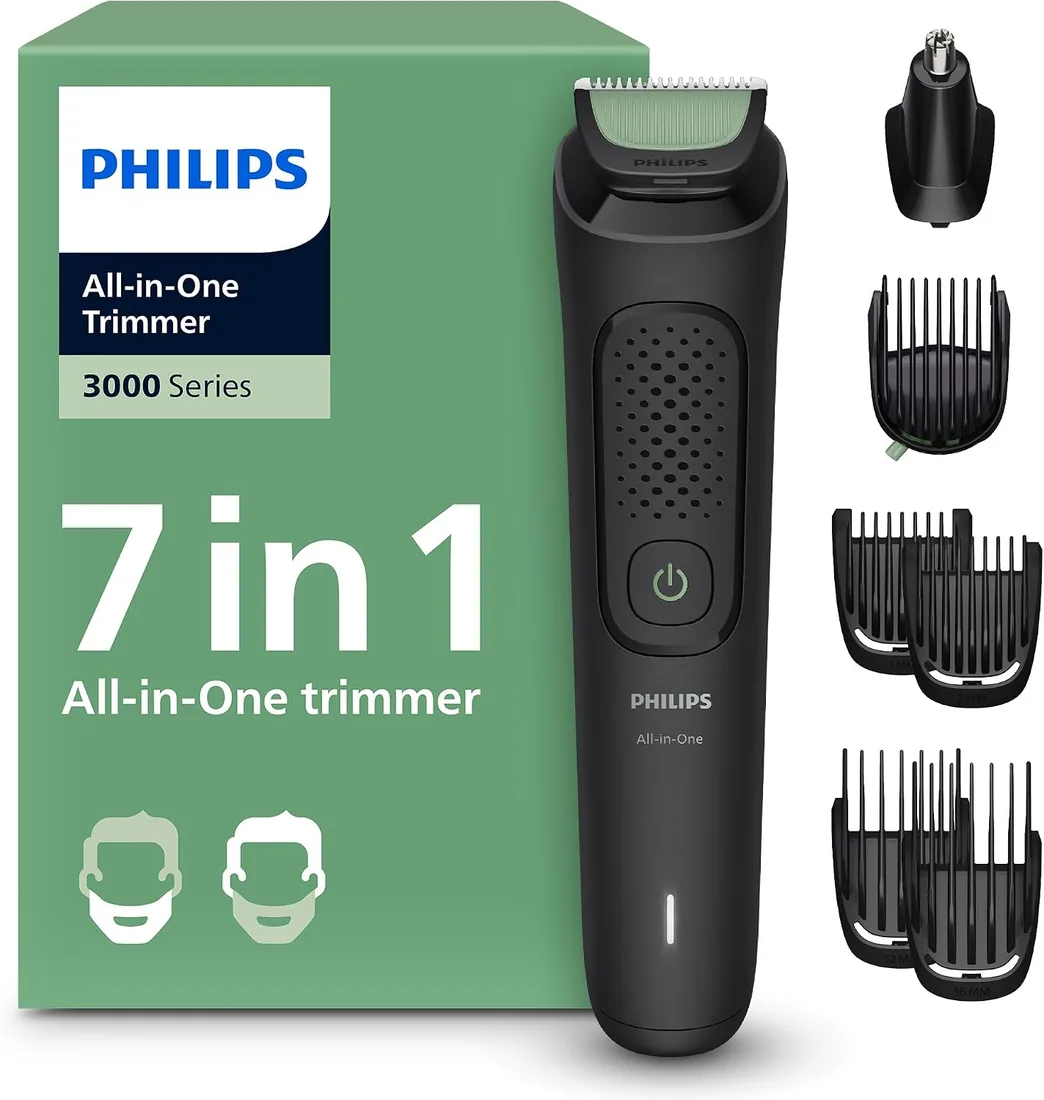 Philips Recortadora Todo En Uno series 3000, Kit 7 en 1, Afeitadora y cortapelos Hombre para Rostro y Pelo, Barba, Cuchillas Autoafilables suaves con la piel, 10 longitudes, MG3930/15