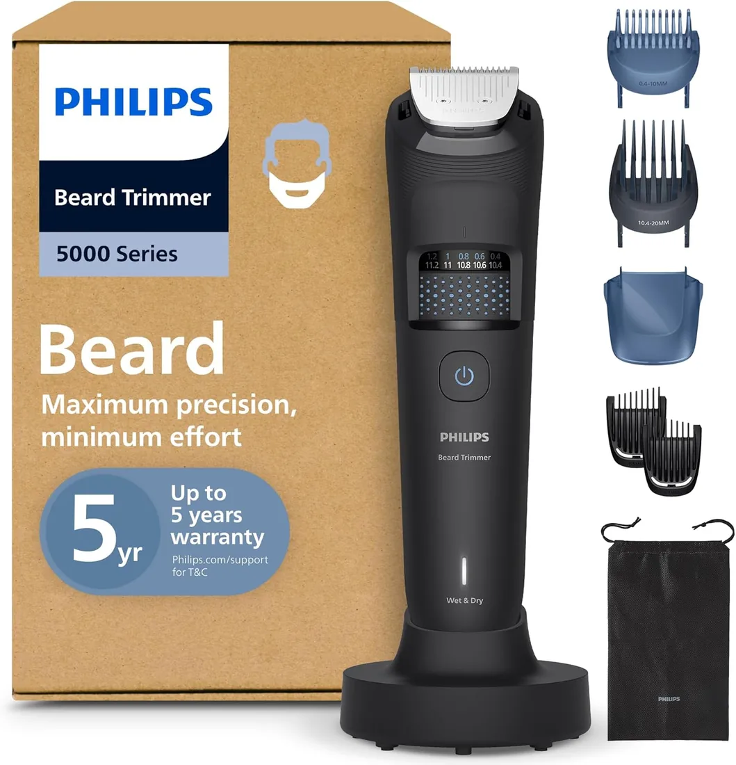 Recortadora de barba Philips Serie 5000 - Cuchillas autoafilables, 40 posiciones ajustables, sensor, sistema recogedor de vello, peine difuminador, 100% resistente al agua, funda de viaje, BT5785/30