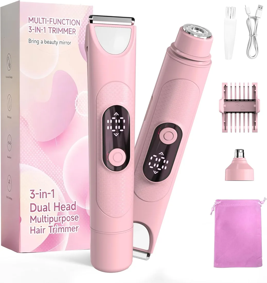 Afeitadora Eléctrica Mujer, Set de Depiladora Electrica 3 en 1 para Mujer, IPX7 Utilizable en seco/mojado Recortadora Corporal Mujer, Apto para Facial, Cuerpo y Las Zonas íntimas