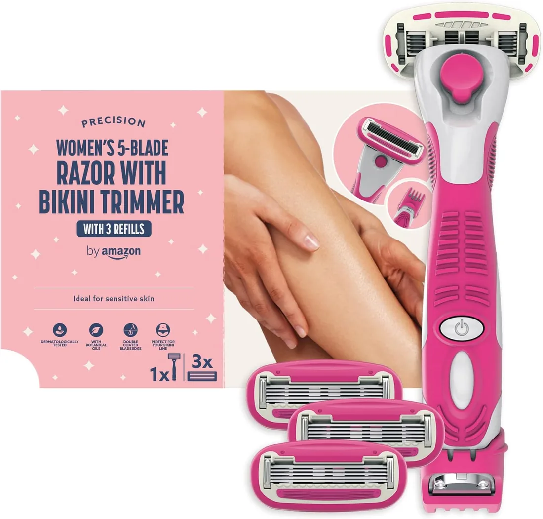 by Amazon Máquina de depilar de 5 cuchillas para mujer con recortadora 1 mango + 4 recambios de cuchillas de afeitar