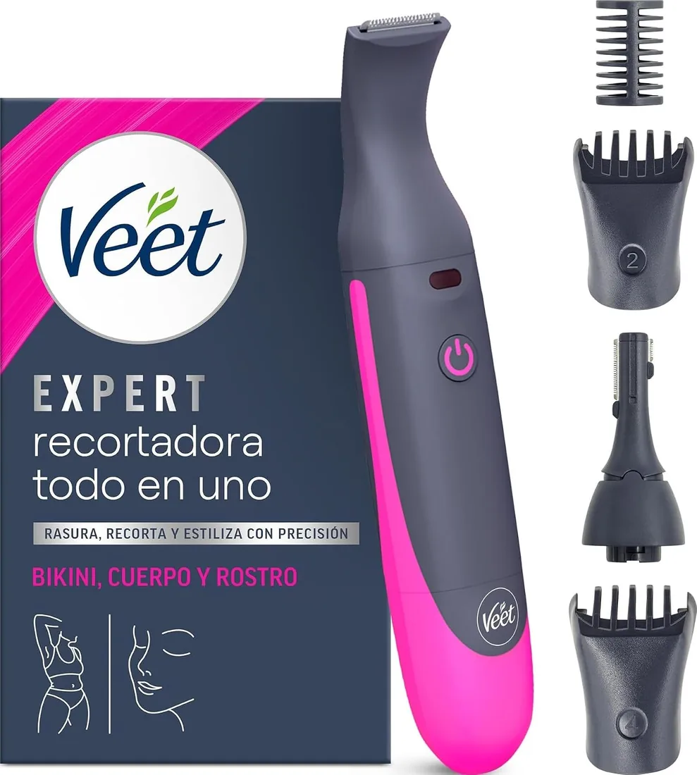 Veet Recortadora Todo en Uno, Bikini y Cuerpo Completo, Cara y Cejas, Rasuradora Mujer Zona Íntima Resistente al Agua, Con 2 Cabezales y 4 Peines para precisión, con Cargador USB