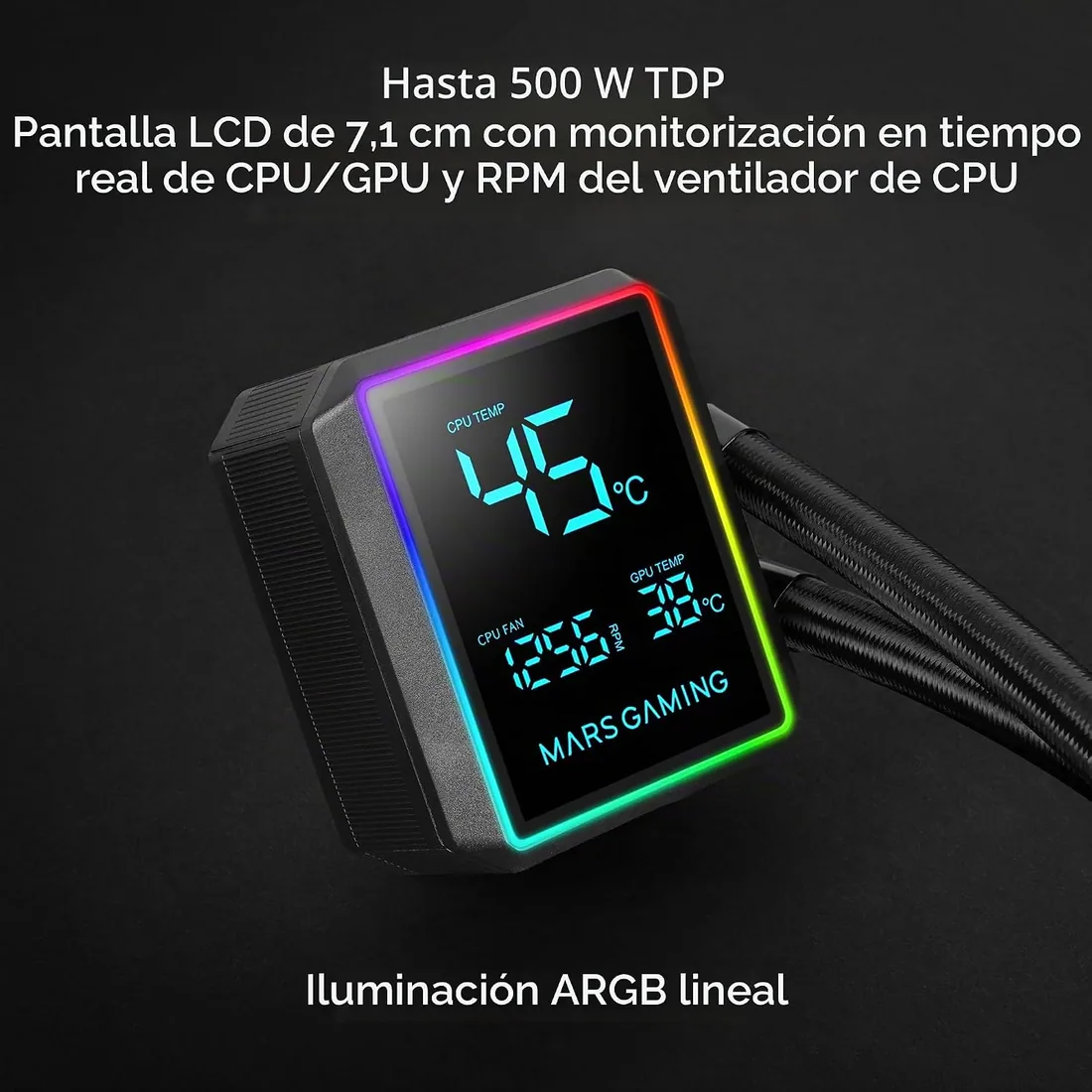 Mars Gaming ML-LCDPRO240 Refrigeración Líquida AIO 500W TDP, Pantalla LCD 2,8" Multimonitor, Bomba 4.ª Gen Opti-Chamber con Base de Cobre, 2× Ventiladores 120 mm ARGB Infinity Mirror, Negro foto 2