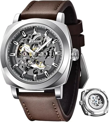 Reloj mecánico automático para Hombre, Correa de Piel, Movimiento Dorado, Esfera Esqueleto de 45 mm, Resistente al Agua y a los arañazos, Regalo Elegante para Hombre foto 2