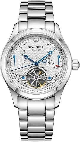SEA-GULL Reloj de pulsera automático para hombre, volante hueco mecánico, acero inoxidable, calendario, cristal de zafiro sintético, esfera de 39 mm, relojes de vestir de negocios, blanco-m163s