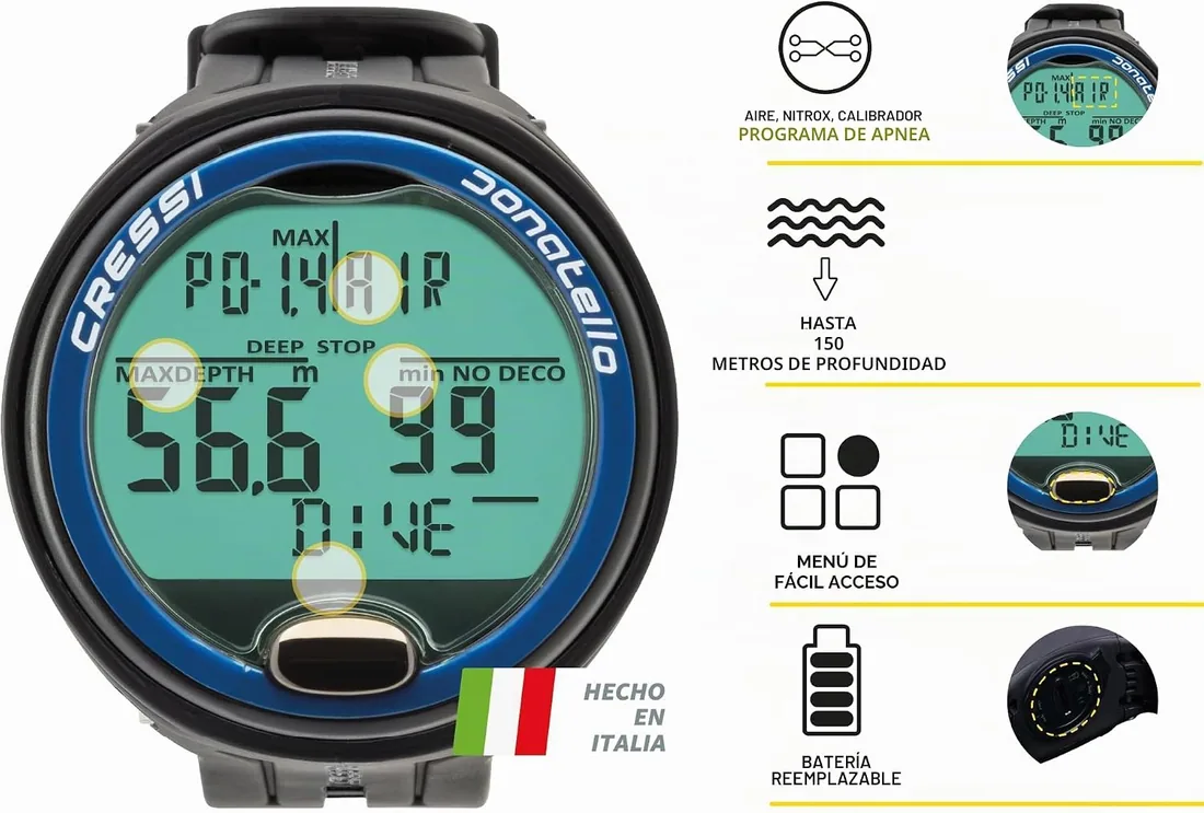 CRESSI Donatello Diving Computer - Ordenador Profesional de Buceo de Muñeca para Buceo y Apnea, Talla única, Unisex Adultos foto 2