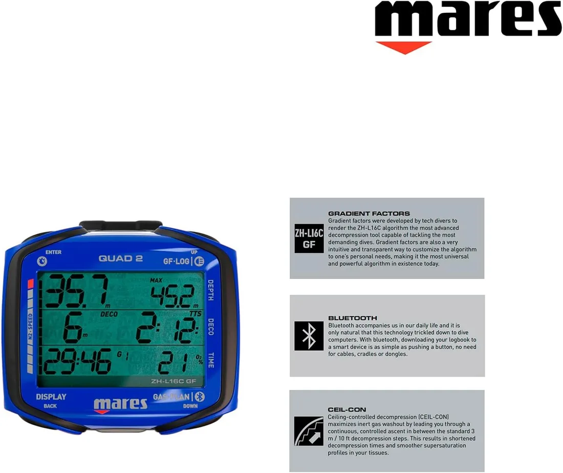 Mares Quad 2 - Ordenador de buceo subacuático inteligente de muñeca | Profundidad, descompresión, visualización de tiempo foto 3