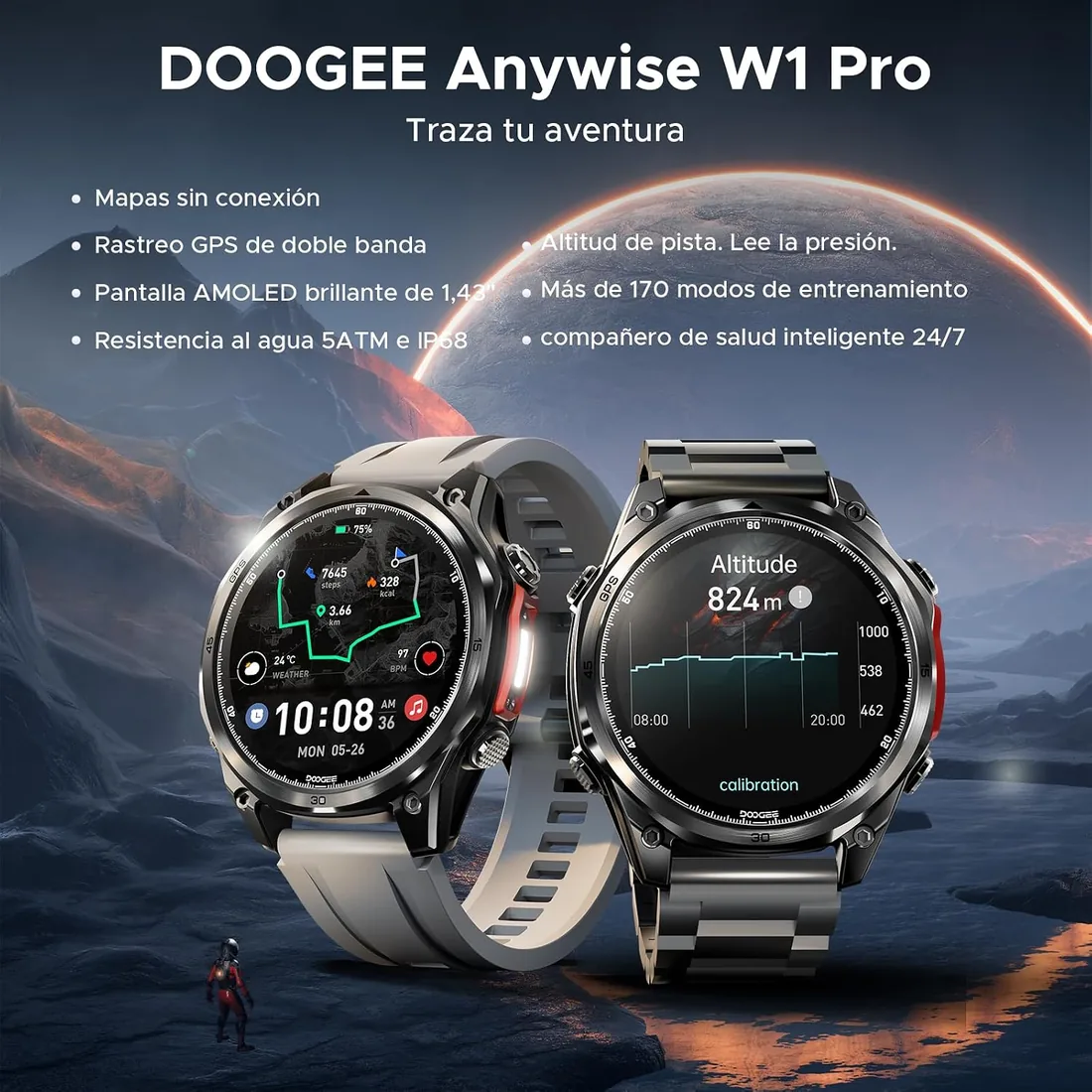 Anywise W1 Pro Reloj inteligente Mujer Hombre,GPS De Doble Frecuencia Con Mapas Sin Conexión Smartwatch Para Android e iOS,5ATM Waterproof 1,43''AMOLED,170+ Sports Modes/12 Days Battery/3 Strap foto 2