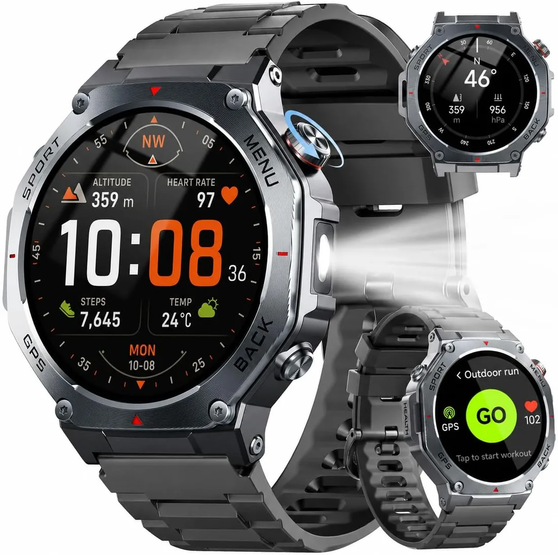 Jugeman Reloj Inteligente Hombre Militar con GPS y Linterna LED, Smartwatch | 5ATM,Brújula, llamadas Bluetooth Pulsómetro Sueño,1.43"AMOLED Reloj Deportivo 160+Modos Deportivos para IOS Android