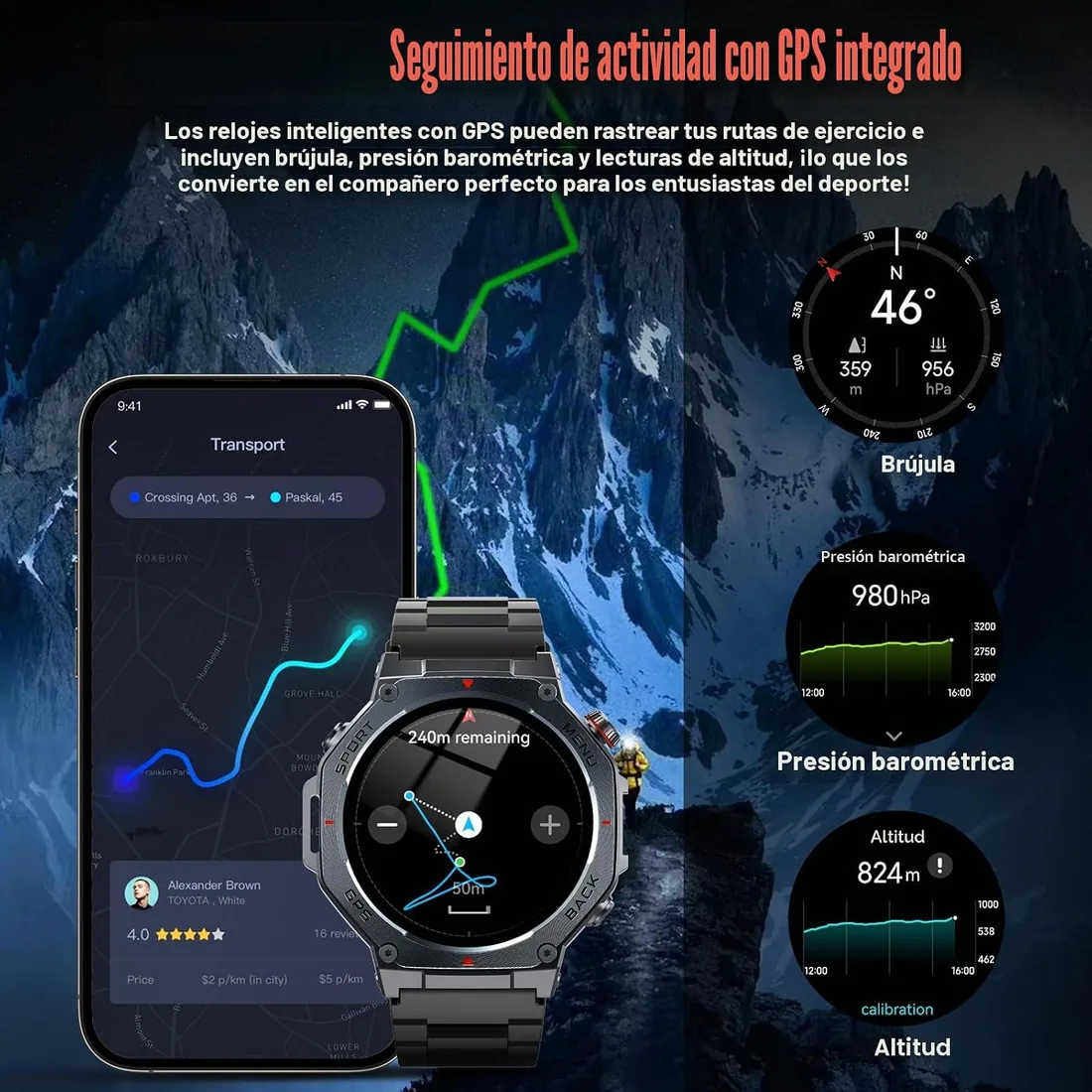 Jugeman Reloj Inteligente Hombre Militar con GPS y Linterna LED, Smartwatch | 5ATM,Brújula, llamadas Bluetooth Pulsómetro Sueño,1.43"AMOLED Reloj Deportivo 160+Modos Deportivos para IOS Android foto 2