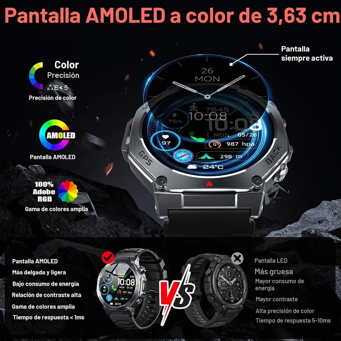 Jugeman Reloj Inteligente Hombre Militar con GPS y Linterna LED, Smartwatch | 5ATM,Brújula, llamadas Bluetooth Pulsómetro Sueño,1.43"AMOLED Reloj Deportivo 160+Modos Deportivos para IOS Android foto 3