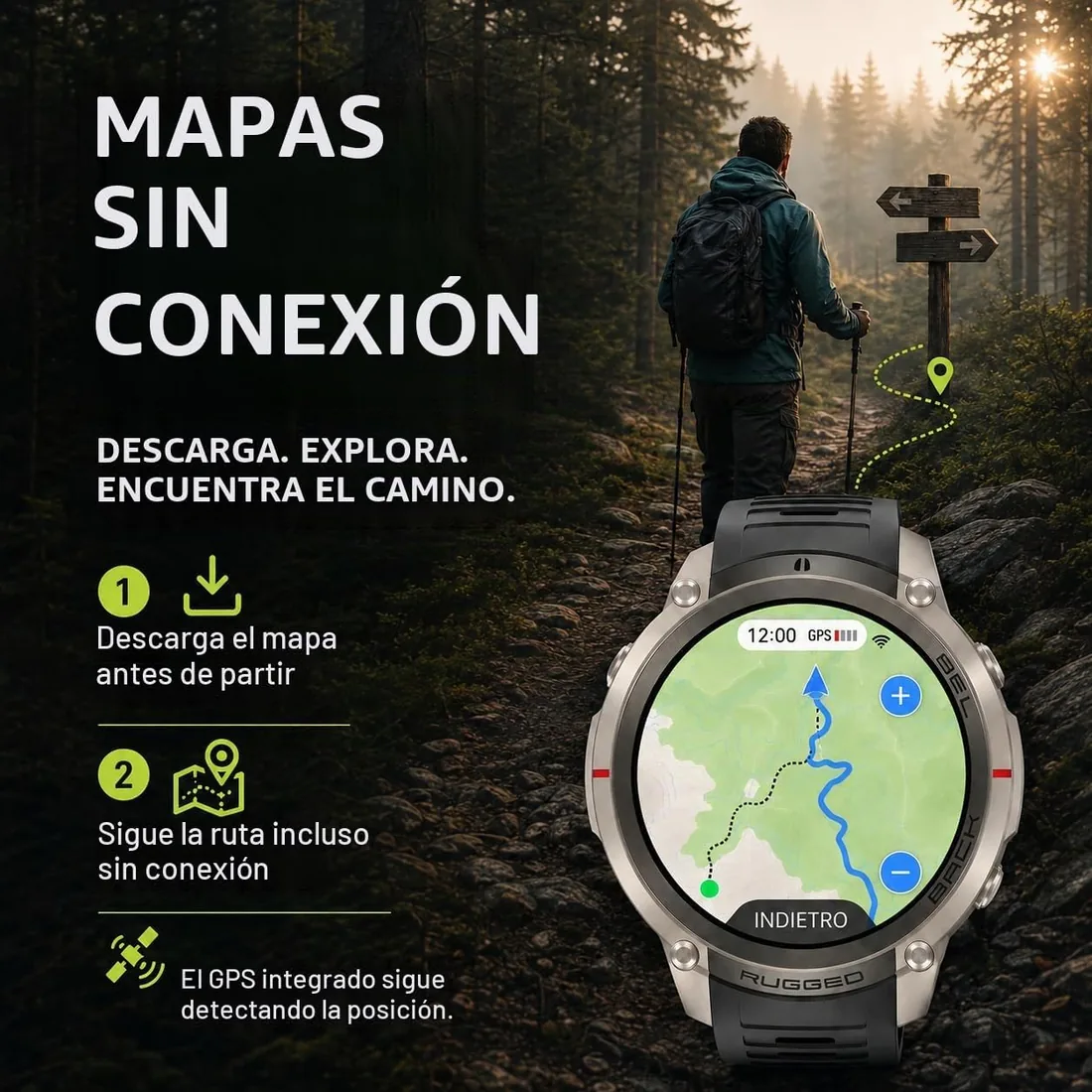 Reloj inteligente GPS con mapas fuera de línea, brújula, altímetro, tiempo – Reloj con pantalla AMOLED de 1,43 pulgadas, impermeable 50 m, monitor de corazón/oxígeno/presión, correa de gel de foto 3