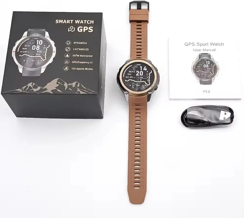 Reloj inteligente GPS con mapas fuera de línea, brújula, altímetro, tiempo – Reloj con pantalla AMOLED de 1,43 pulgadas, impermeable 50 m, monitor de corazón/oxígeno/presión, correa de gel de foto 2