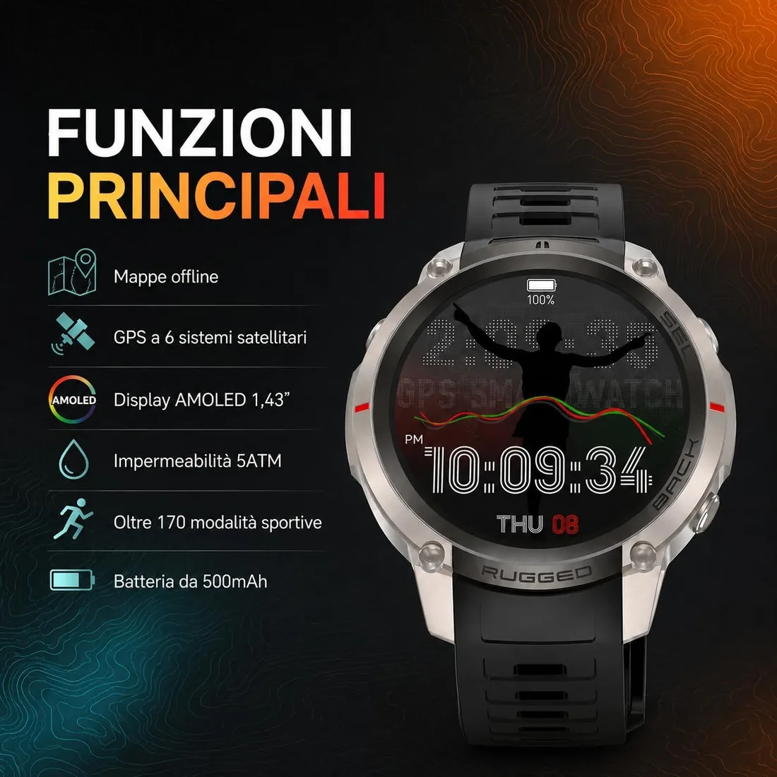 Reloj inteligente GPS con mapas fuera de línea, brújula, altímetro, tiempo – Reloj con pantalla AMOLED de 1,43 pulgadas, impermeable 50 m, monitor de corazón/oxígeno/presión, correa de gel de foto 3