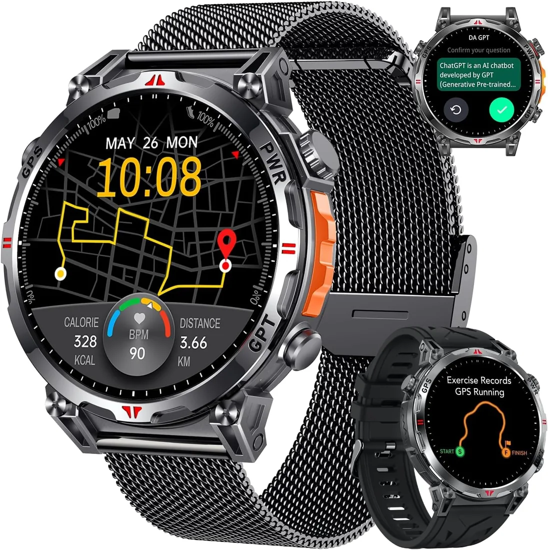 Smartwatch Reloj Inteligente Hombre con GPS: 1.7'' AMOLED Smart Watch con Bluetooth Llamada Brújula 110+Modos Deportivos 3ATM Impermeable Monitor Frecuencia Cardíaca SpO2 Sueño 650mAh Para Android iOS