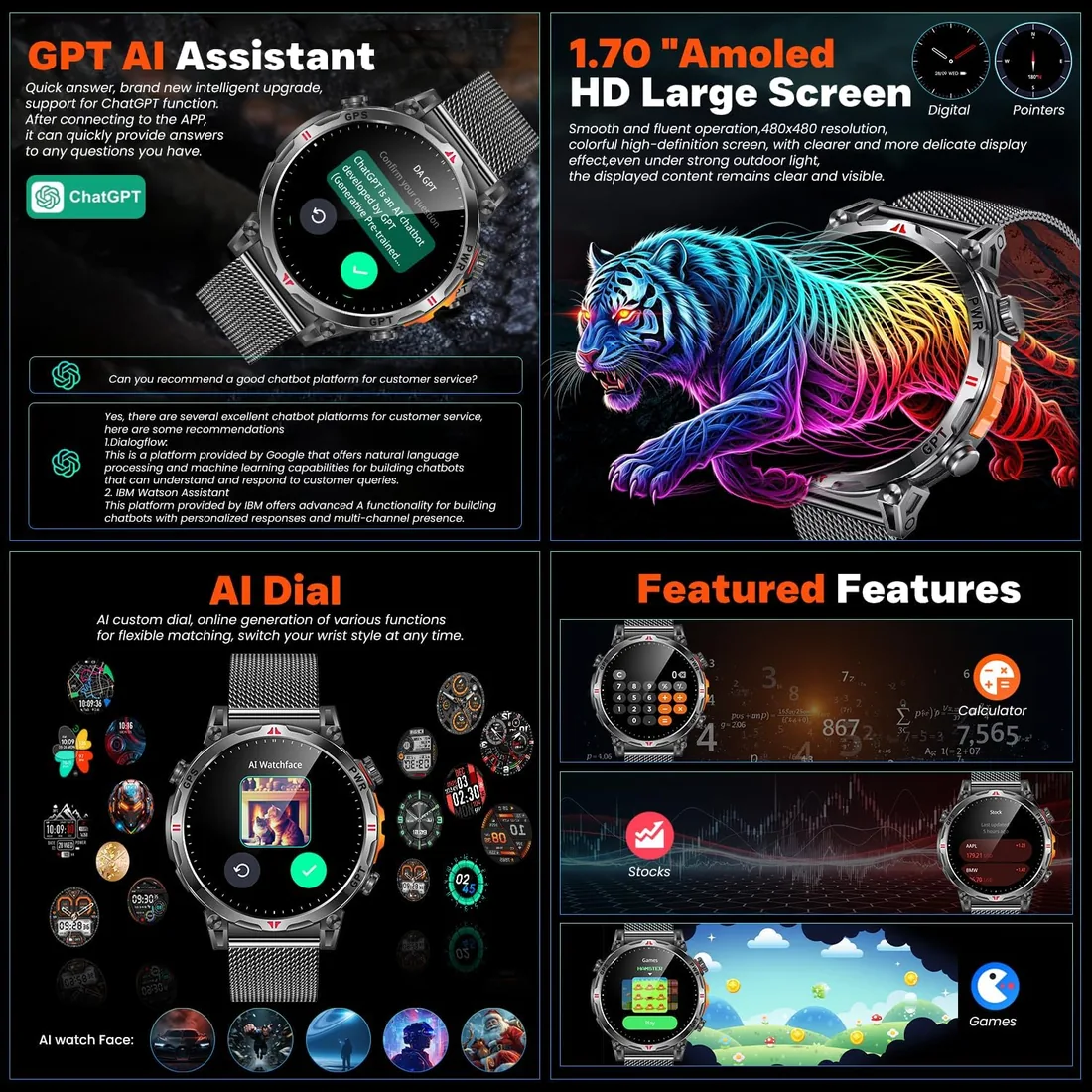 Smartwatch Reloj Inteligente Hombre con GPS: 1.7'' AMOLED Smart Watch con Bluetooth Llamada Brújula 110+Modos Deportivos 3ATM Impermeable Monitor Frecuencia Cardíaca SpO2 Sueño 650mAh Para Android iOS foto 2
