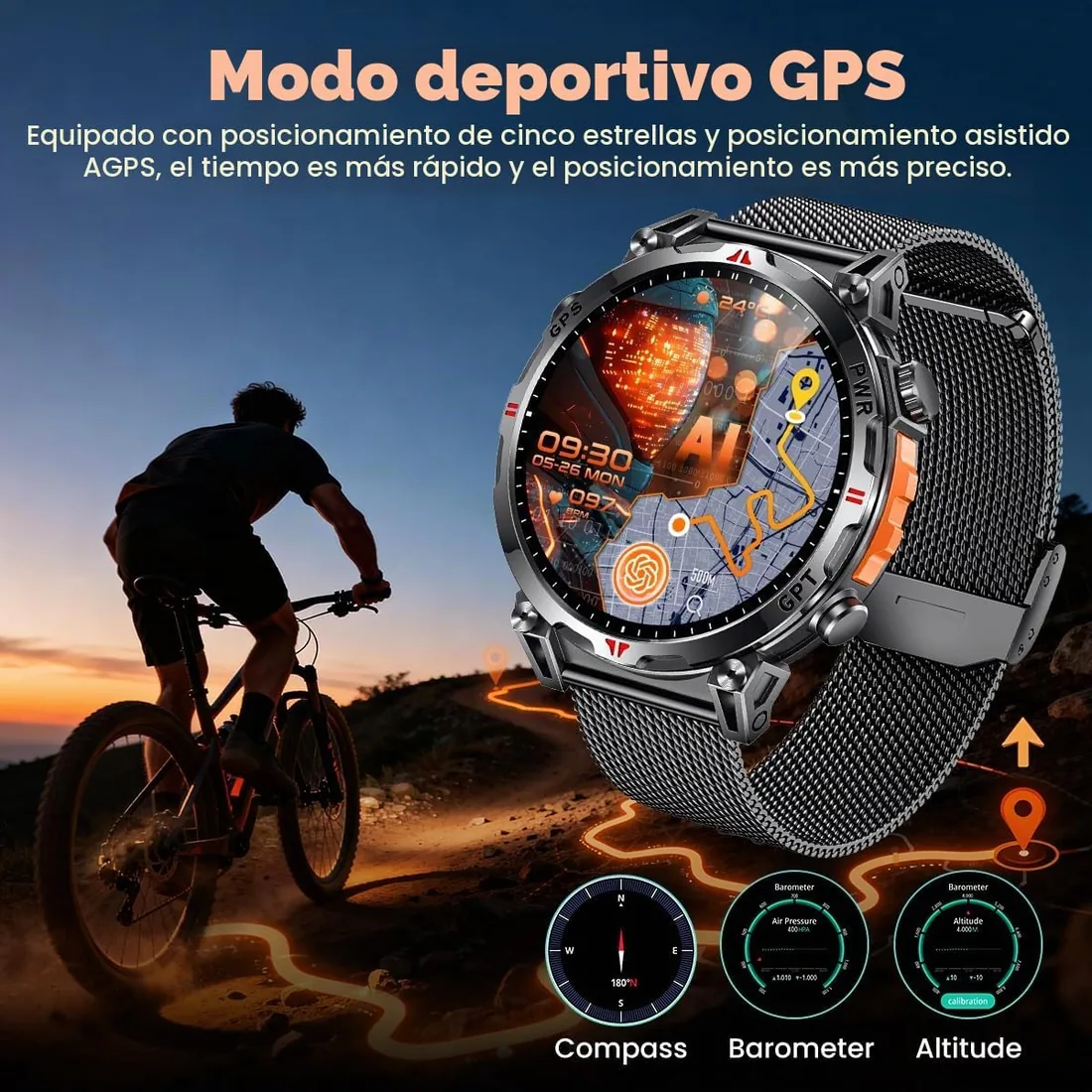 Smartwatch Reloj Inteligente Hombre con GPS: 1.7'' AMOLED Smart Watch con Bluetooth Llamada Brújula 110+Modos Deportivos 3ATM Impermeable Monitor Frecuencia Cardíaca SpO2 Sueño 650mAh Para Android iOS foto 3