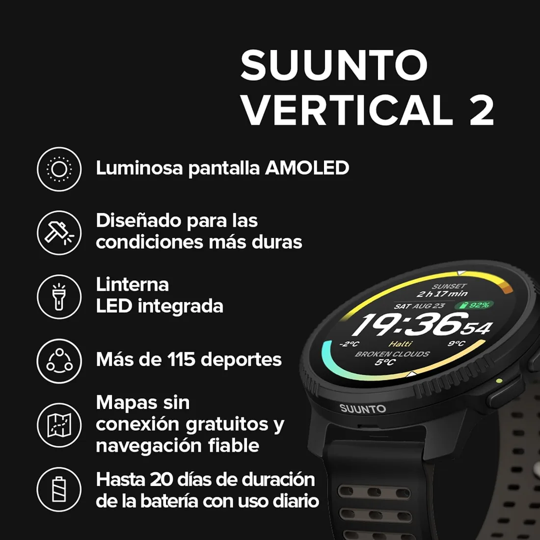 SUUNTO Vertical 2 Reloj GPS Robusto, Pantalla AMOLED, Linterna, 20 días de batería, mapas Offline y 115+ Modos Deportivos. Ideal para Aventuras y Uso Diario foto 2