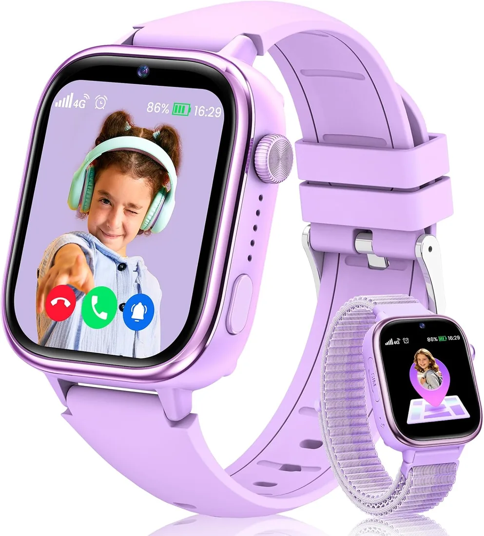 Reloj Inteligente Niño con Videollamada, 4G Smartwatch Niño con GPS y Llamadas, SOS, Chat de Voz, Modo Escuela, Podómetro, Despertador, Monitor de Sueño IP68 Impermeable Regalo para Niños Niñas Morado foto 2