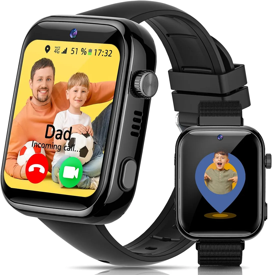 4G Reloj Inteligente Niño con Llamadas, Videollamadas, Chat de Voz, WhatsApp, WiFi, GPS, SOS, SMS, Impermeable IP68, Modo Escuela y Podómetro, Smartwatch Niños con Pantalla HD de 1.83'' Negro foto 2