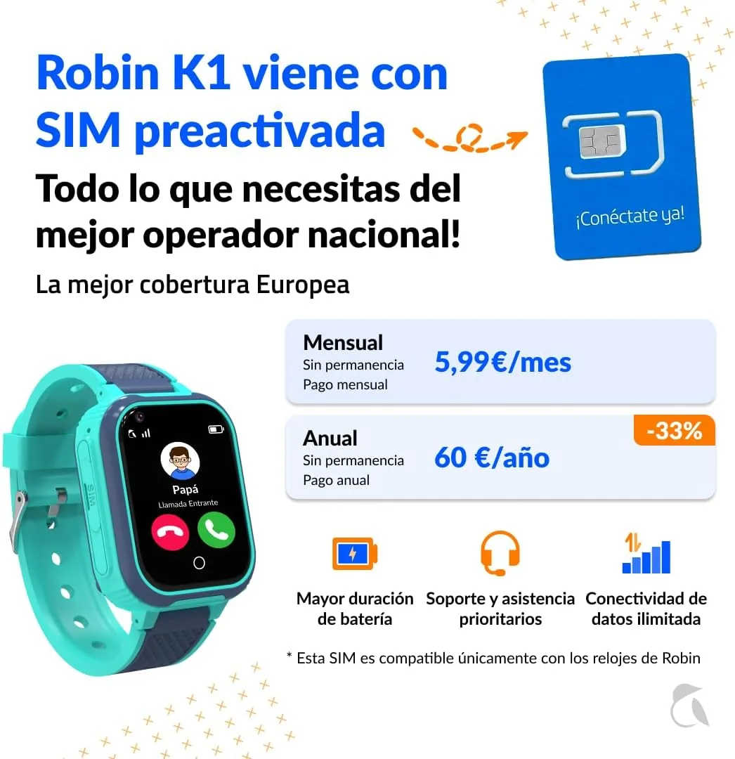Robin K1 + SIM Preactivada · Sin Juegos, Ni Redes Sociales · Smartwatch niños con GPS y Llamadas + Chat, Modo Colegio, SOS, GPS, Linterna y Pasos + App Familiar Robin (con SIM, Verde) foto 2