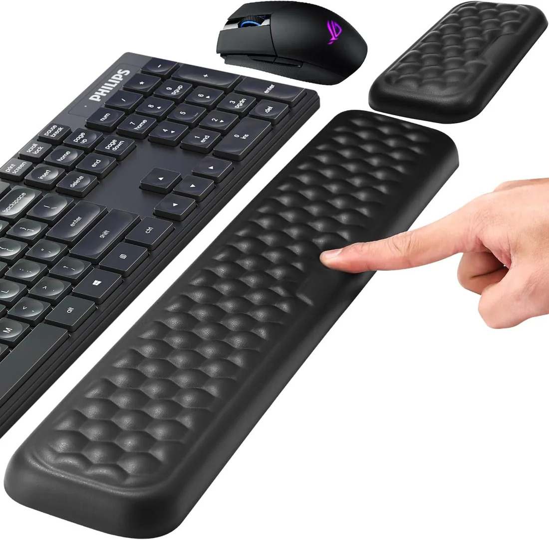 Reposamuñecas para Teclado y Ratón, Juego de Reposamuñecas Ergonomicas de Espuma Viscoelástica, Diseño de Cuero PU Impermeable y Antideslizante para Oficina, Trabajo, Gaming, Ordenador, Negro