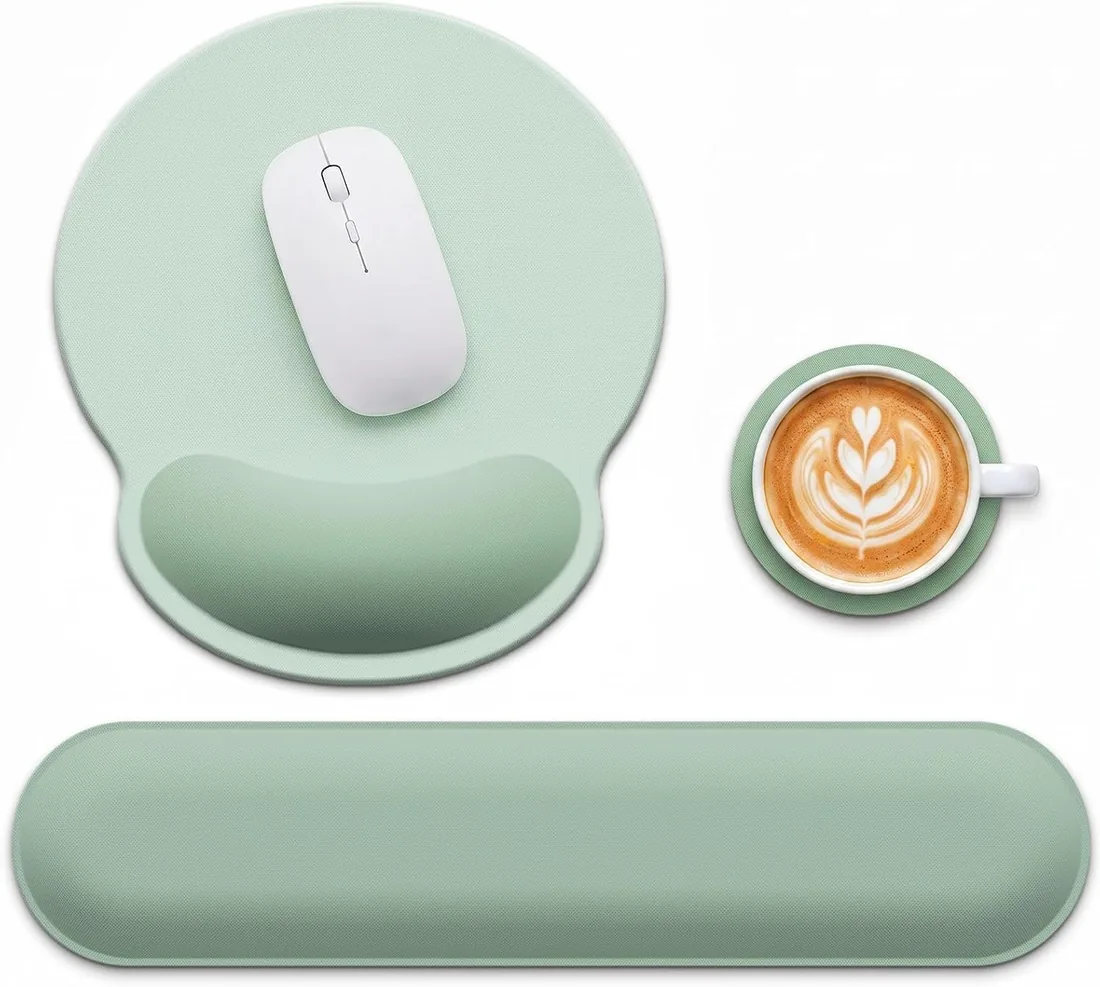Set 3-en-1 Reposamuñecas para Teclado y Alfombrilla Ratón Ergonomico – con Cojín de Gel y Espuma Viscoelástica, Base Antideslizante, Oficina y Teletrabajo, Verde