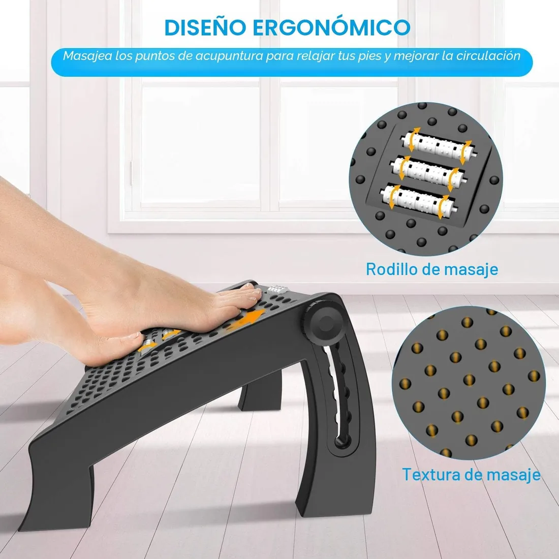 Reposapies ergonómico masaje, 6 alturas ajustables antideslizante oficina | Inclinación ajustable, funda desmontable y lavable,estructura estable,alivia fatiga de piernas/espalda,ligero y transportable foto 3