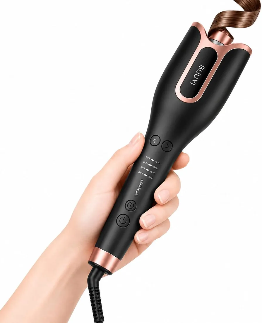 Rizador de Pelo Automatico, con Protección Anti-Quemaduras, Ajuste de Temperatura y Tiempo, Antienredos, para Todo Tipo de Cabello, Ondas Estilo Salón,(Negro intenso)
