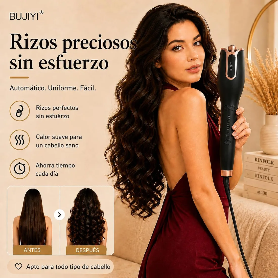 Rizador de Pelo Automatico, con Protección Anti-Quemaduras, Ajuste de Temperatura y Tiempo, Antienredos, para Todo Tipo de Cabello, Ondas Estilo Salón,(Negro intenso) foto 3