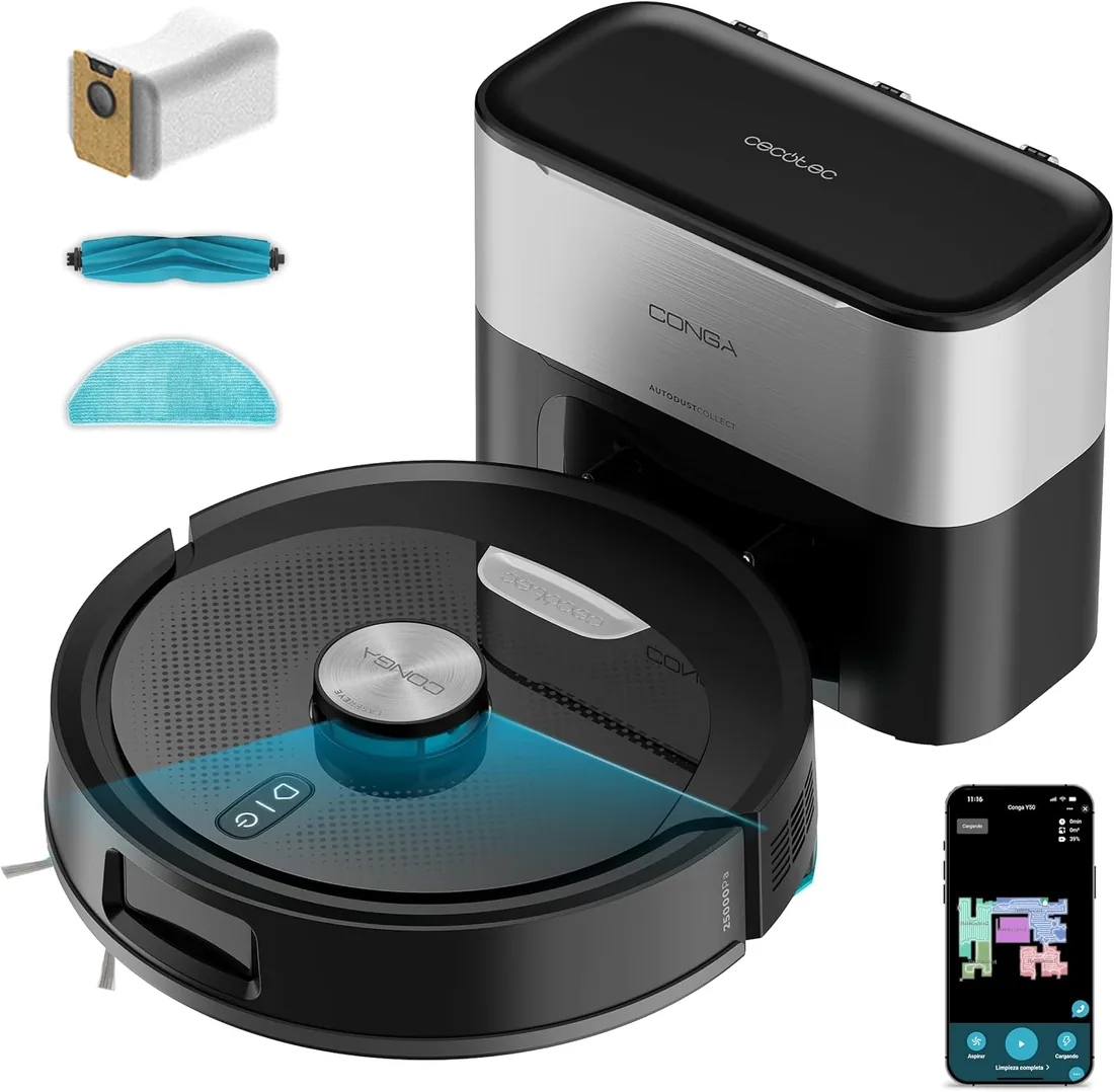 Cecotec Robot Aspirador y Friegasuelos con Base Autovaciado Conga Y80 Dark. Navegación Láser, 25000Pa, Autonomía 240min, Cepillo Silicona para Mascotas, Bolsa de Polvo 3L, Bluetooth y WiFi, App