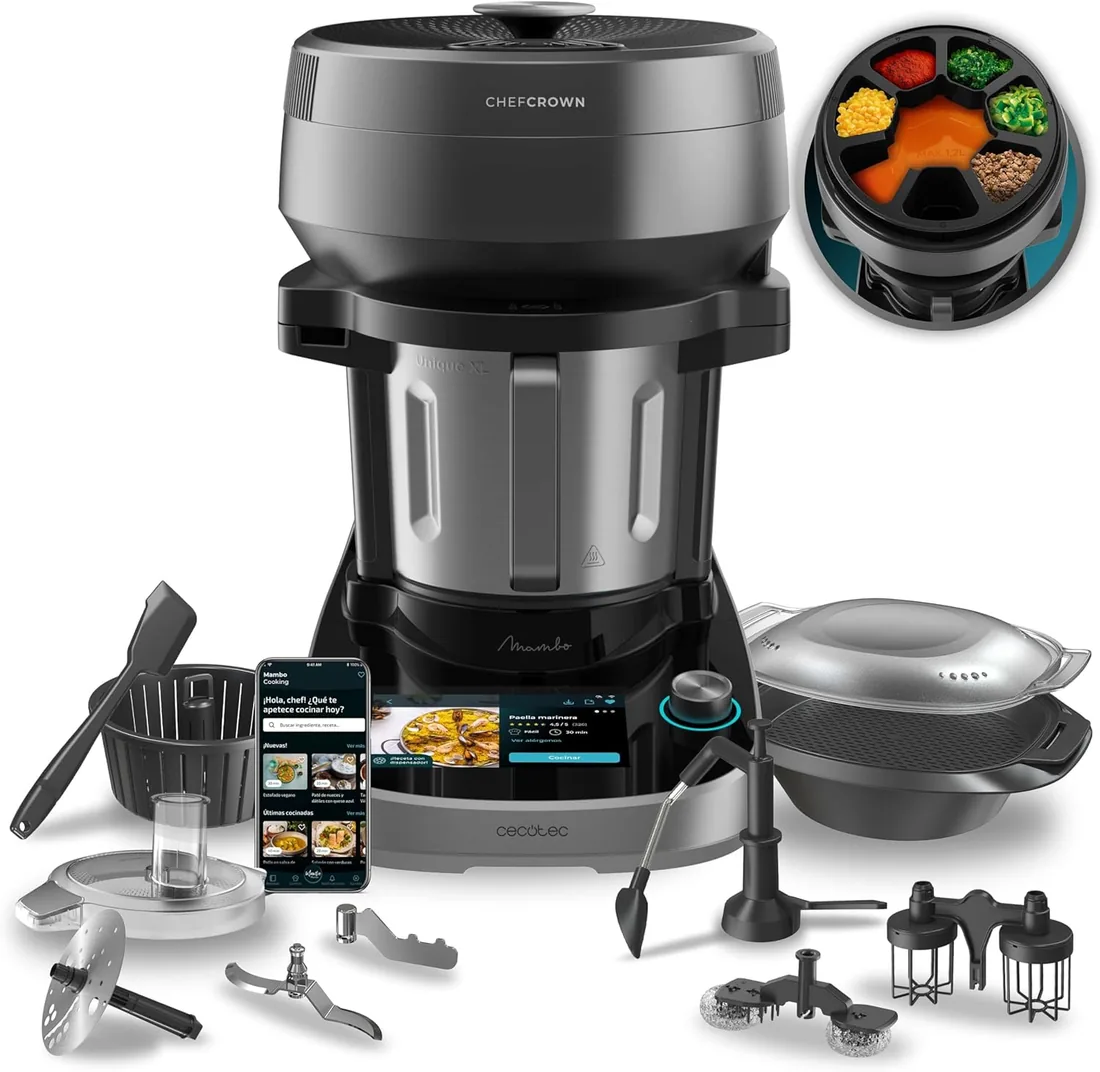 Cecotec Robot de Cocina Multifunción con Jarra Unique Mambo CooKing Unique | 2200W, Dispensador de Alimentos, 45 Funciones, Miles de Recetas Guiadas, Jarra de 4,5L, Vaporera, Pala para Guisos