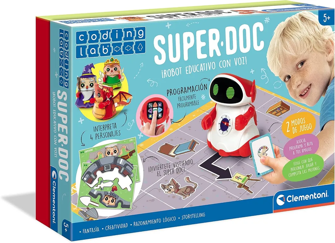 Clementoni - Super Doc - Robot Educativo y Programable para Niños +5 años, Juguete con 4 Personajes y Desafíos de Juego, Fomenta el Pensamiento Lógico, 55379
