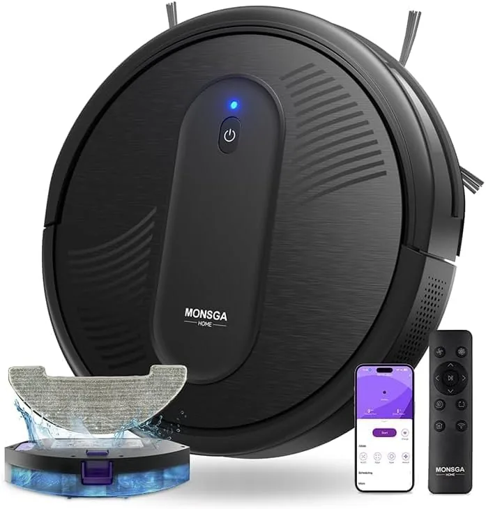 MONSGA Robot Aspirador,Robot Aspirador y Fregasuelos 4000Pa Presión de Succión, Autonomía 140 Minutos, Sensores Anticaídas y Cepillo Multifunción, TotalSurface, App Control foto 3