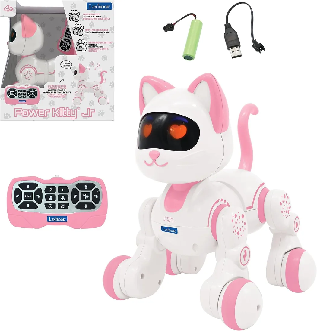 LEXIBOOK, Power Kitty Jr Gato Robot, KIT01 | Juguete STEM programable, ojos interactivos, batería recargable, mando